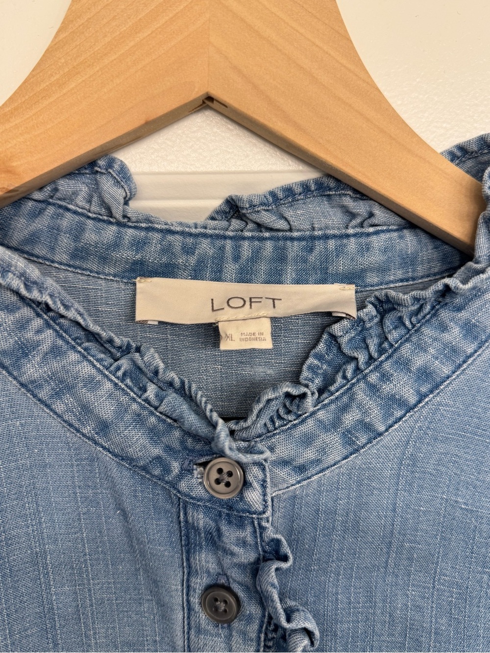 Light Wash Denim Tunic Dress with Ruffle Placket - Picture 4 of 6